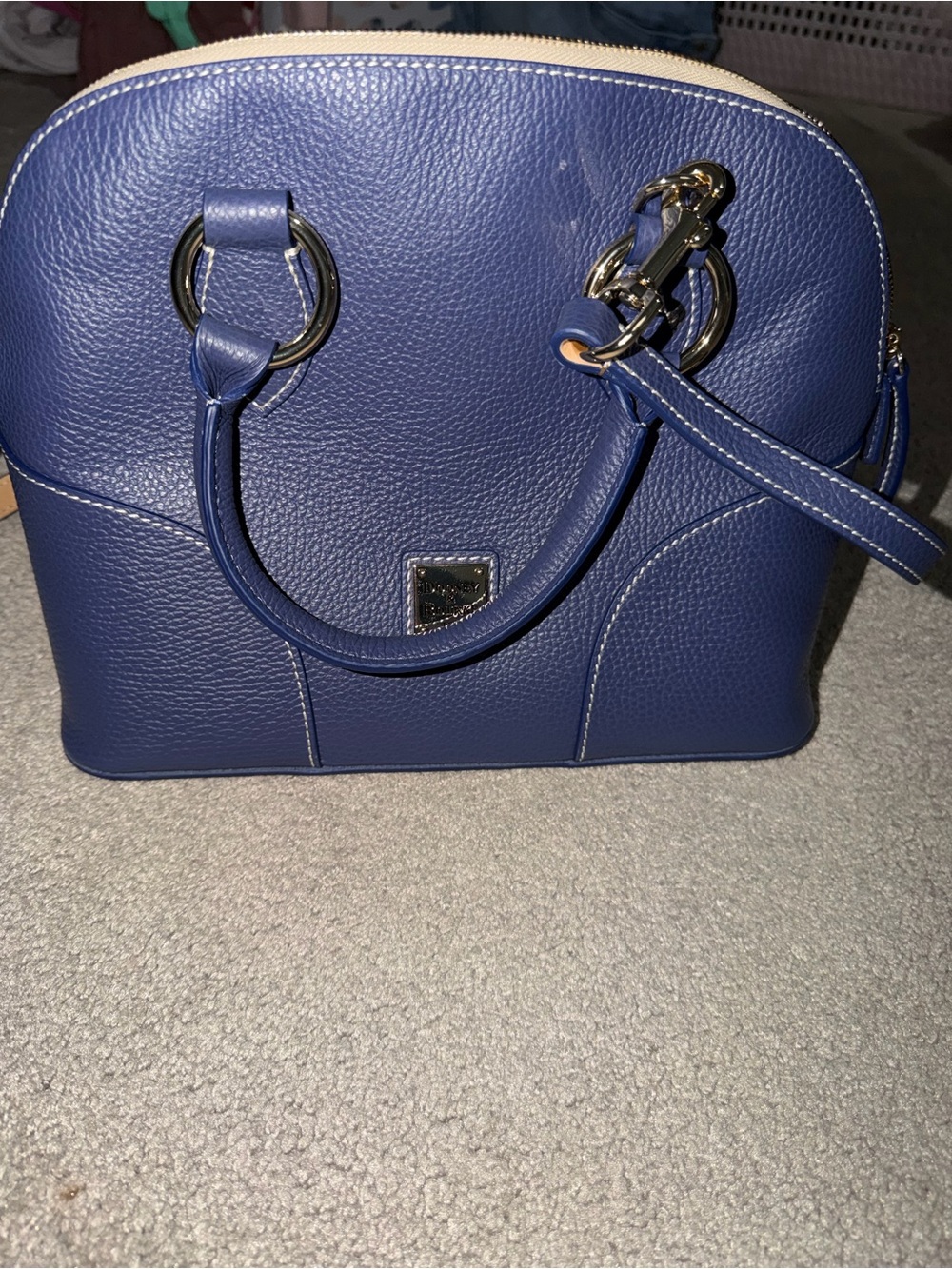 Dooney & Bourke Navy Pebbled Leather Dome Satchel with Gold Hardware